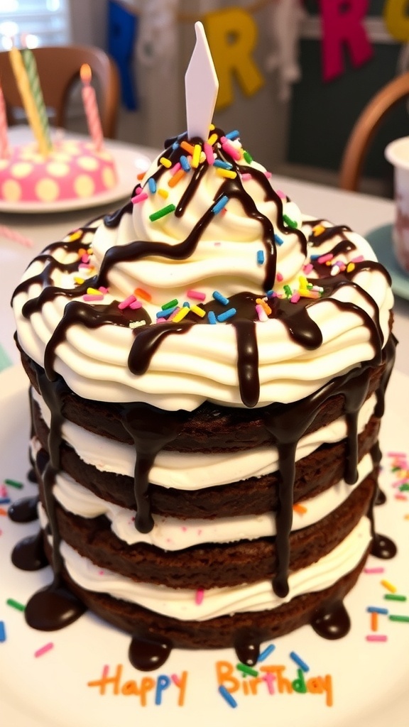 An 8-inch ice cream cake with chocolate and vanilla layers, topped with whipped cream and sprinkles, on a festive table.